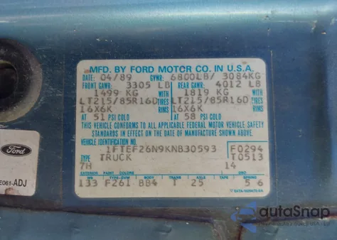 1989 Ford F250 z USA, uszkodzony, nr VIN 1FTEF26N9KNB30593